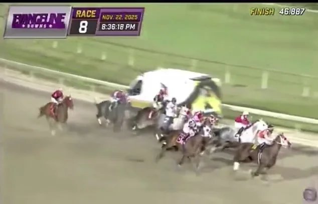 Eight jockeys had to dramatically swerve to avoid a head-on collision with an ambulance in a moment dubbed the most terrifying near miss in racing history on Saturday night