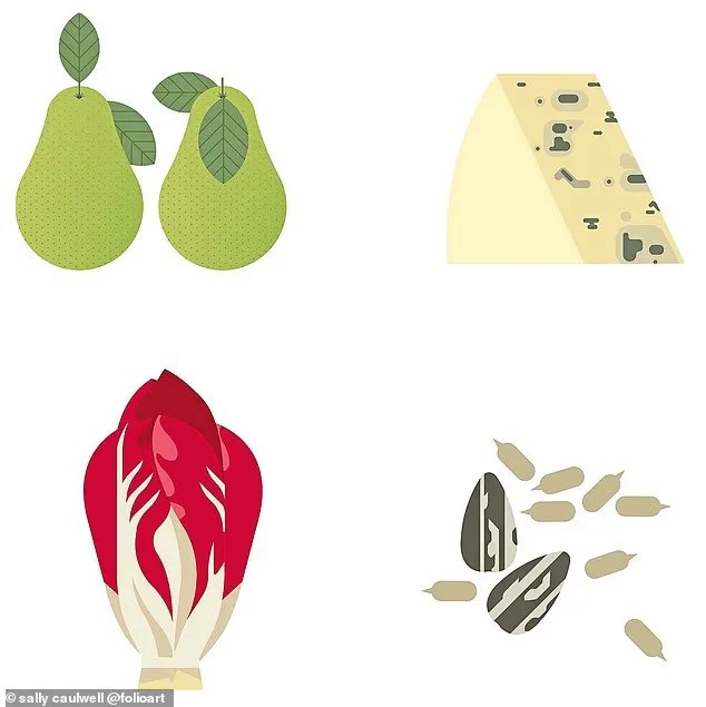 THE CANNY COOK Red chicory, pear and stilton salad 2 pears £160 50g stilton £140 4 bulbs red chicory £3 4 tbsp sunflower seeds £120